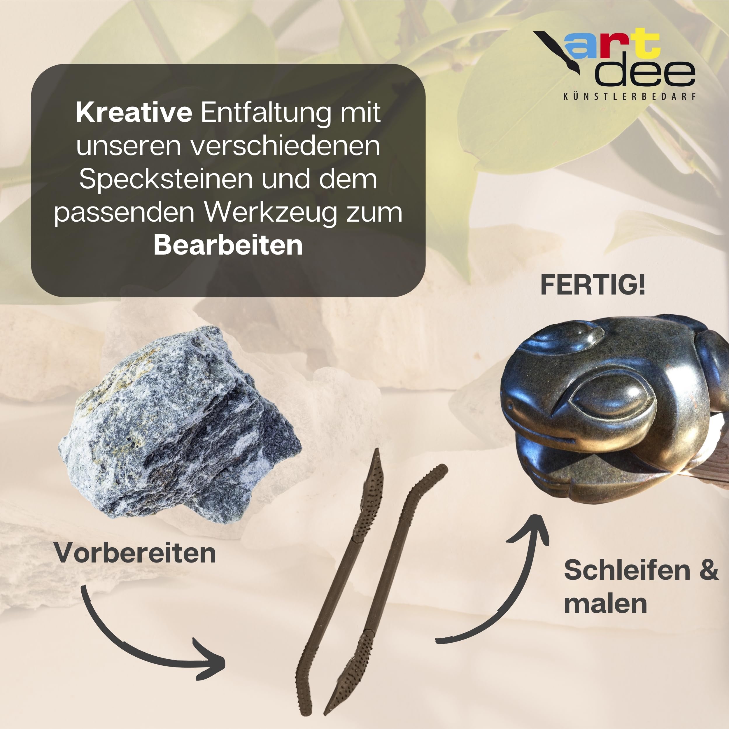 Speckstein 2kg Set mit (Schleifpapier und 4 Specksteinraspeln) – Werkzeug zum Schnitzen und Feilen von Speckstein – perfekt für Anfänger und Profis – Speckstein Schmuck kreieren
