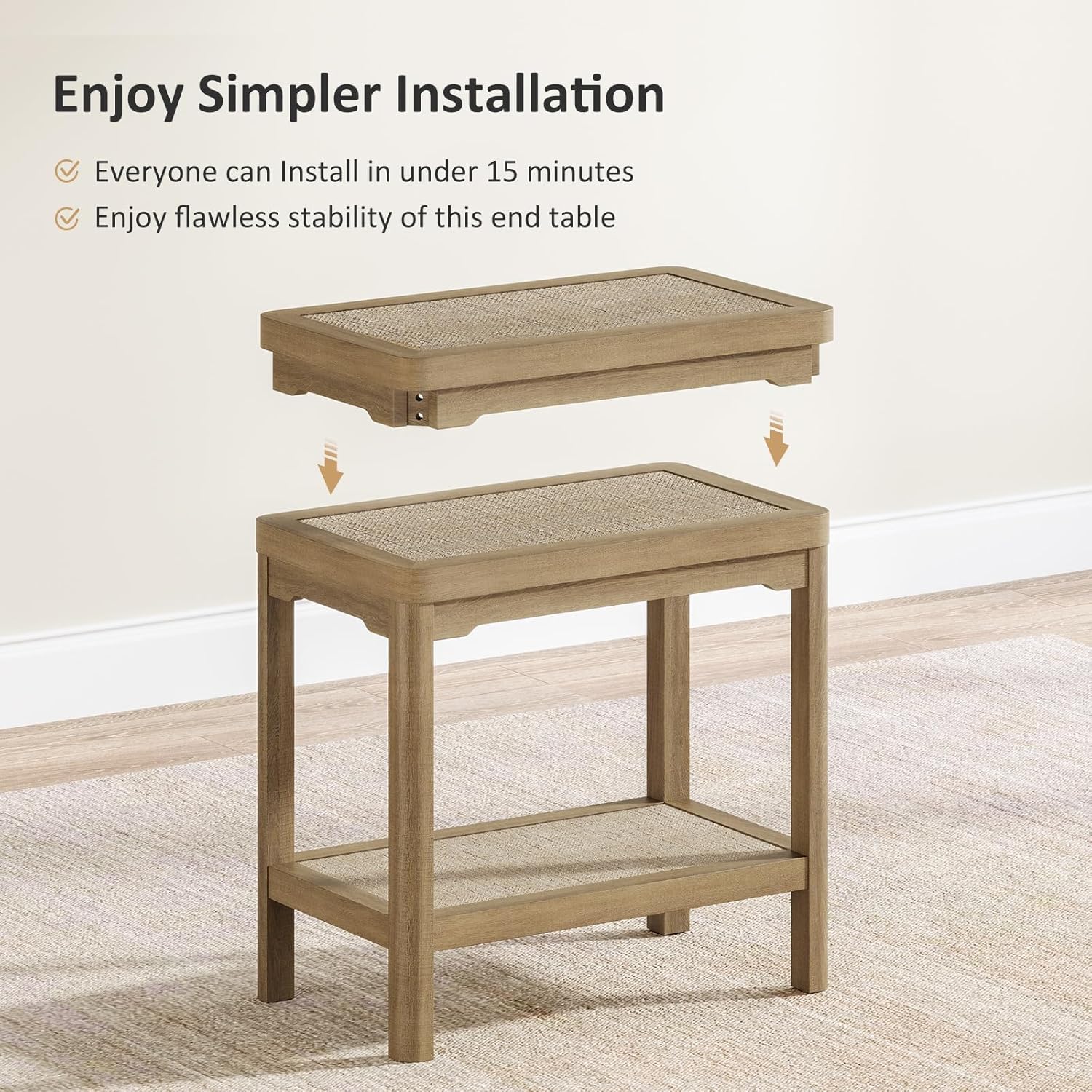 Night Stand Set of 2, Farmhouse End Table with 2 Tier Boho Rattan Shelves, Side Tables Living Room with Round Edge Design, Ultra-Thick Legs Bedside Nightstand for Bedroom, Caramel Oak