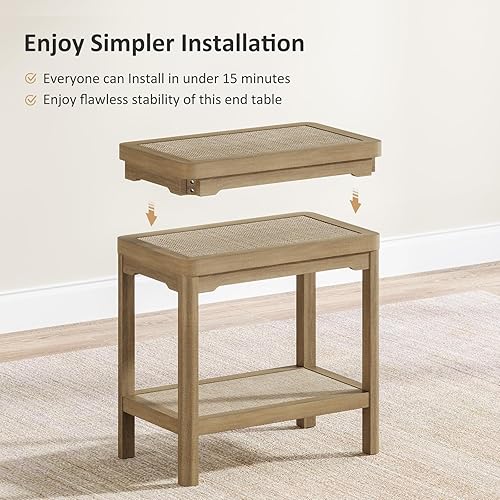 Miniatura 4 de Juego de 2 mesitas de noche, mesa auxiliar de granja con estantes de ratán bohemio de 2 niveles, mesas auxiliares para sala de estar con diseño