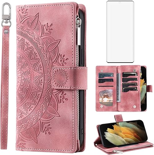 Asuwish Funda de teléfono para Samsung Galaxy S21 Ultra 5G Funda tipo cartera con protector de pantalla de vidrio templado y correa para la muñeca