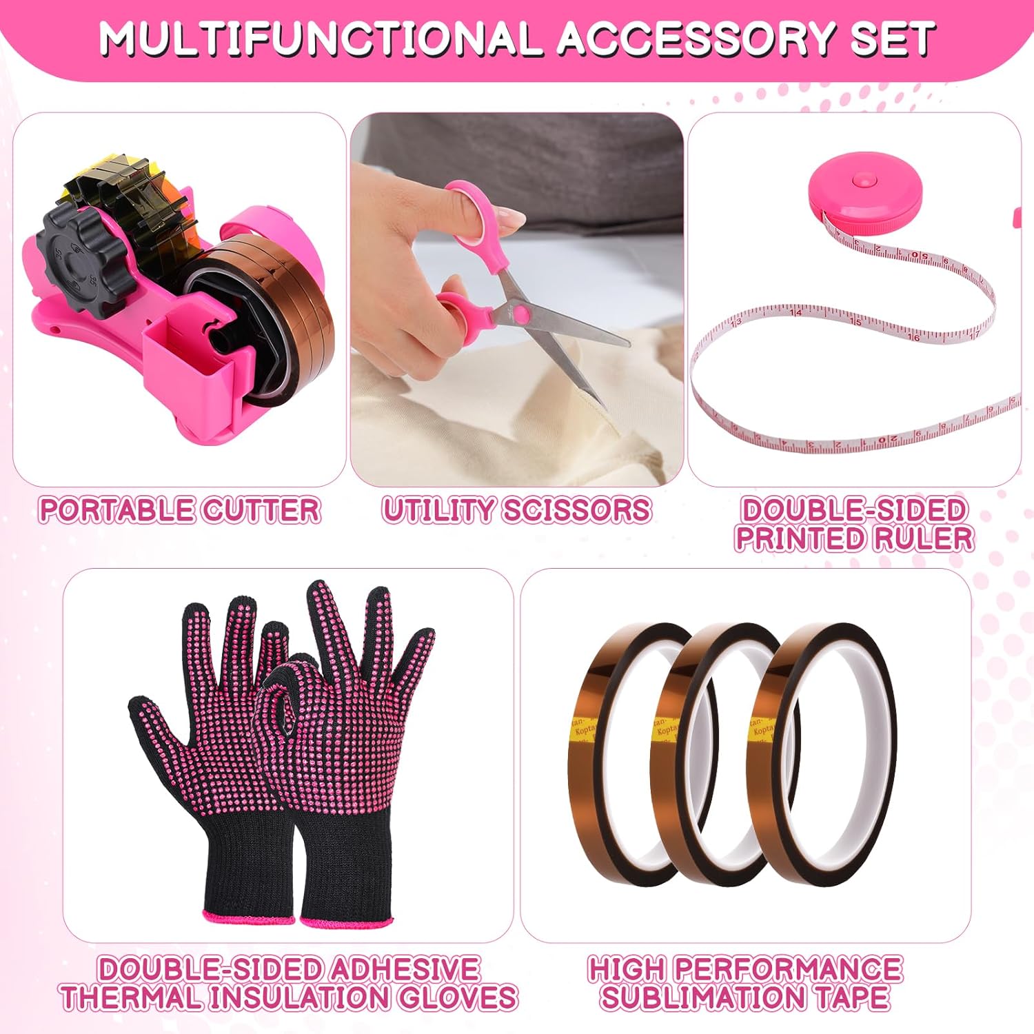 8 Pcs Pink Heat Tape Dispenser Set, Multiple Roll Cut Heat Tape Dispenser Double Reel Cores with Gloves Silicone Bumps 3 Heat Tape for Sublimation Mini Cutter Measuring Ruler Scissor, Pink