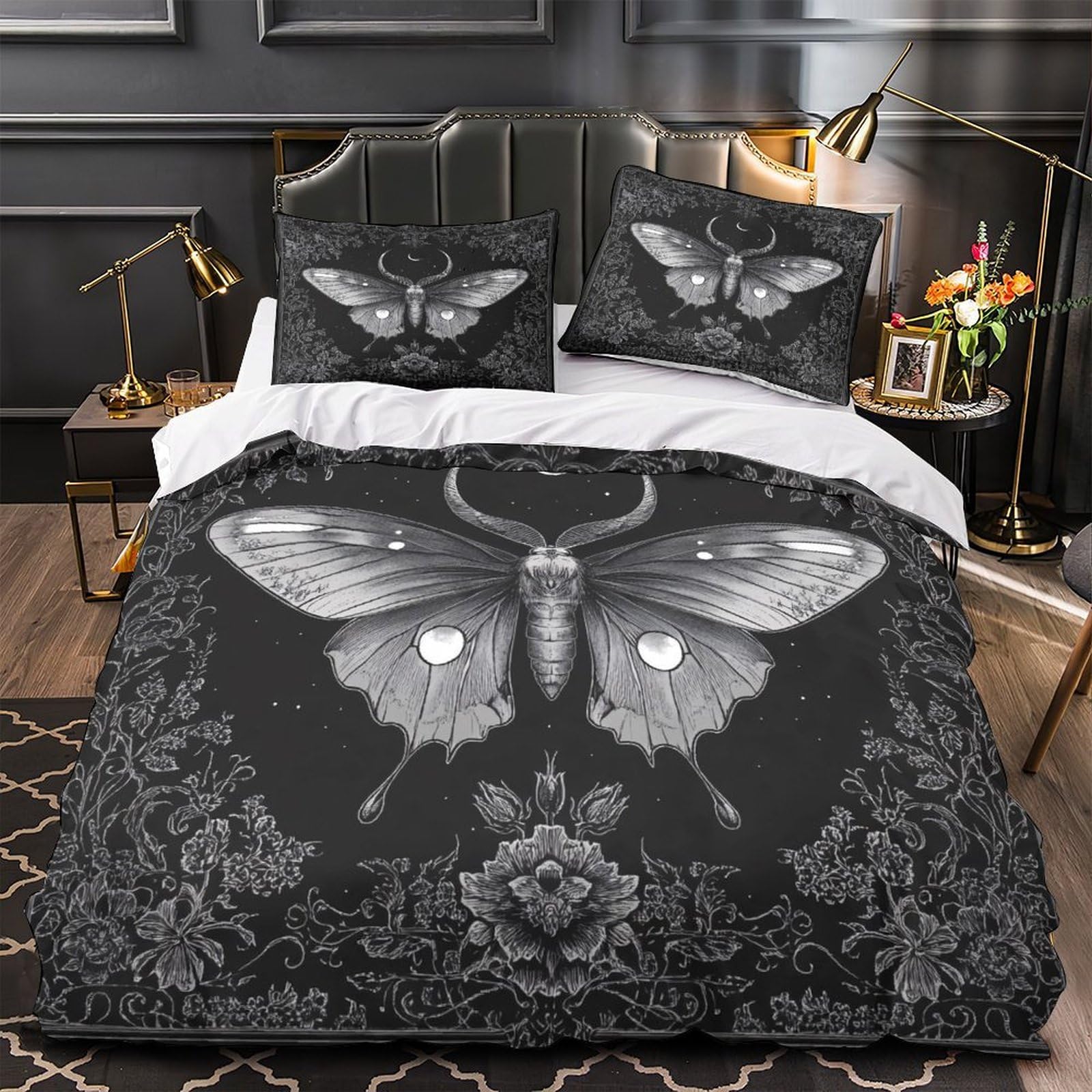 Night Moth Art Comforter Cover 3D Print Machine Washable 3PCs Bed Linen Hidden Zipper Quilt Cover Extra Soft Durable for Teens Youth Adults Women Kids Boys King（220x240cm）