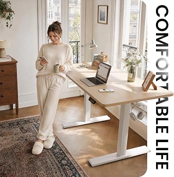 CubiCubi One-Piece Standing Desk, 48 x 24 Electric Height Adjustable Computer Desk, Sit Stand up Home Office Workstations with Whole-Piece Desktop, Maple