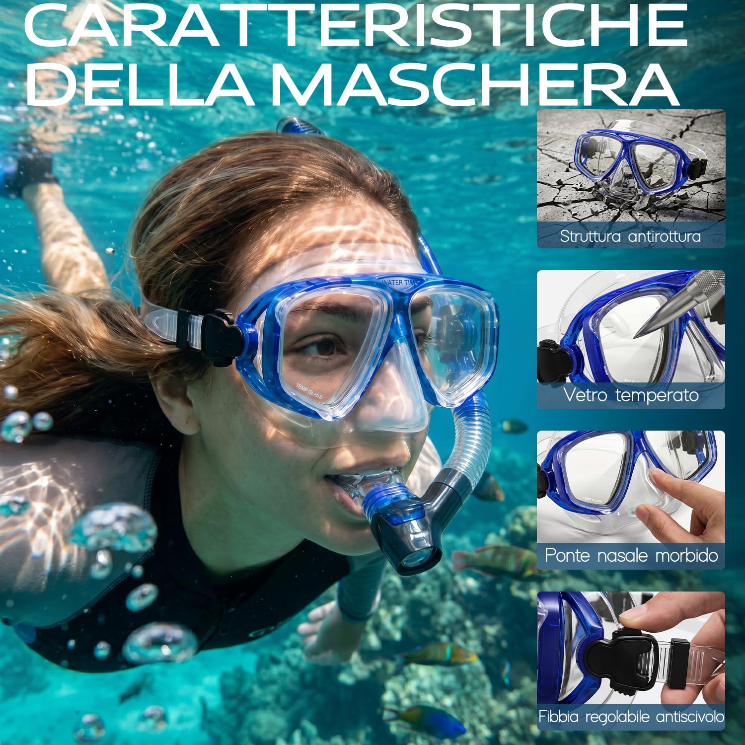 Set Snorkel Adultos – Máscara Cristal Templado, Tubo Seco con Válvula de Purga, Antivaho, Sellado Antifugas 12+
