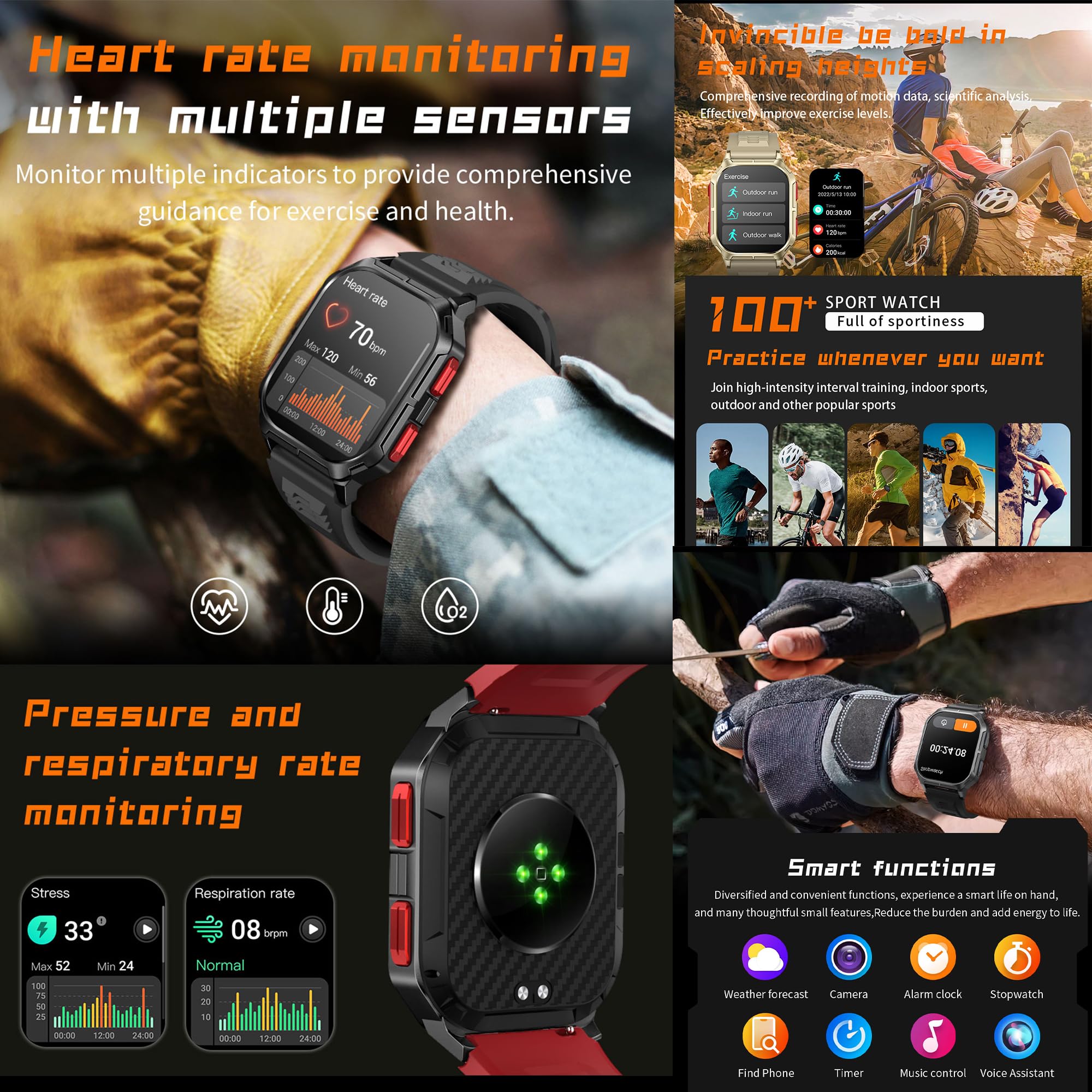 Smartwatch Inteligentny Zegarek Męski z Połączeniami, 2,01" Wodoodporny Smart Watch Sportowy Krokometr Pulsometr Ciśnienie Bransoletka Aktywność Cyfrowy Zegarek dla IOS Android (Czarny Pomarańczowy)