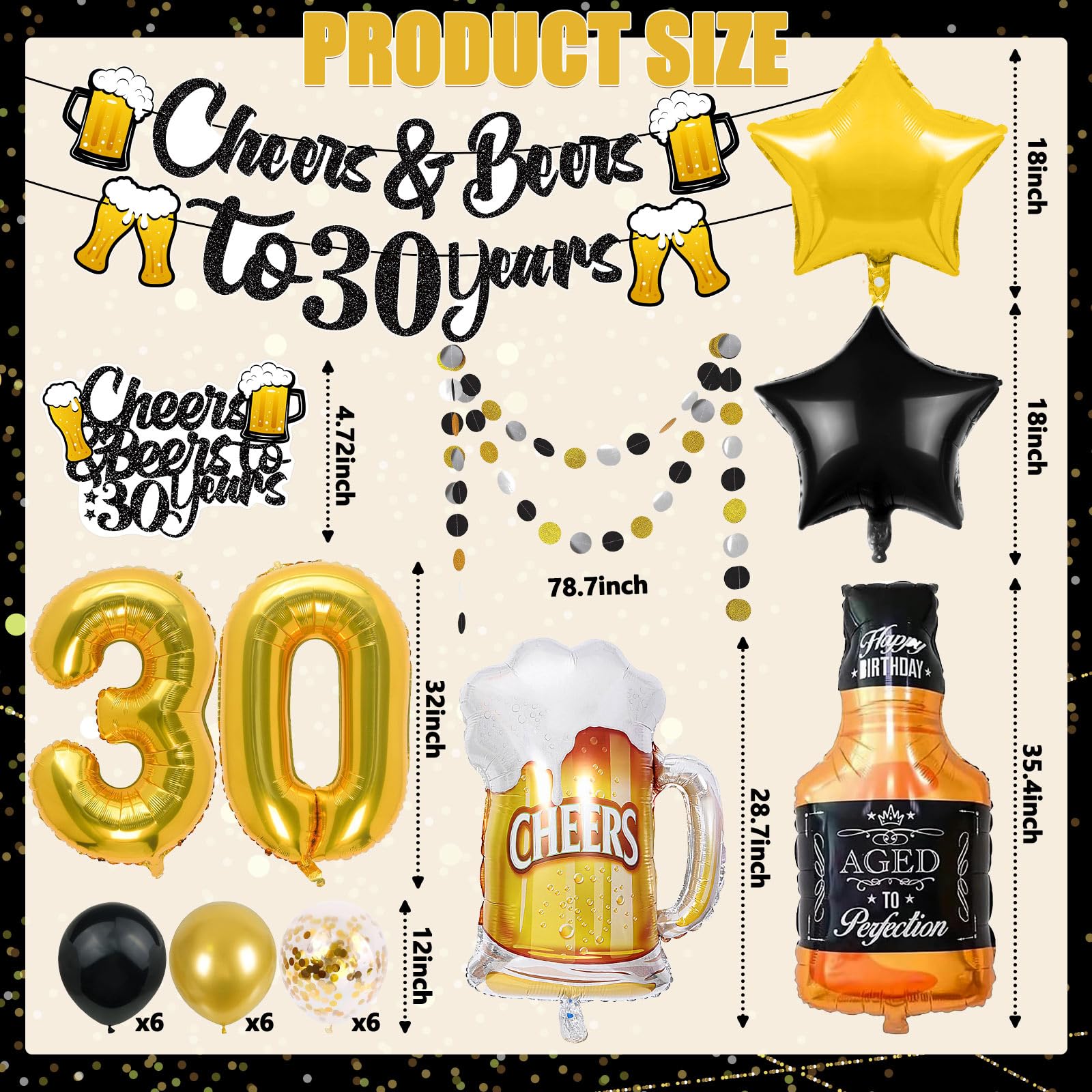 Cheers To 30 Years Party Banner – Schwarz-goldenes Hintergrundbanner 1.9x1.1 M Für 30. Geburtstag Oder Jubiläum