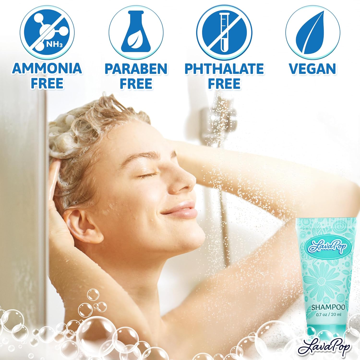 LavaPop - Travel Size Hotel Shampoo - Iris, Violet & Amber, 0.7 fl oz, 100 Pack - Delight Your Guests with Calming & Comforting Shampoo - Bulk Small Toiletries for Airbnb, Motels & Guest Rooms