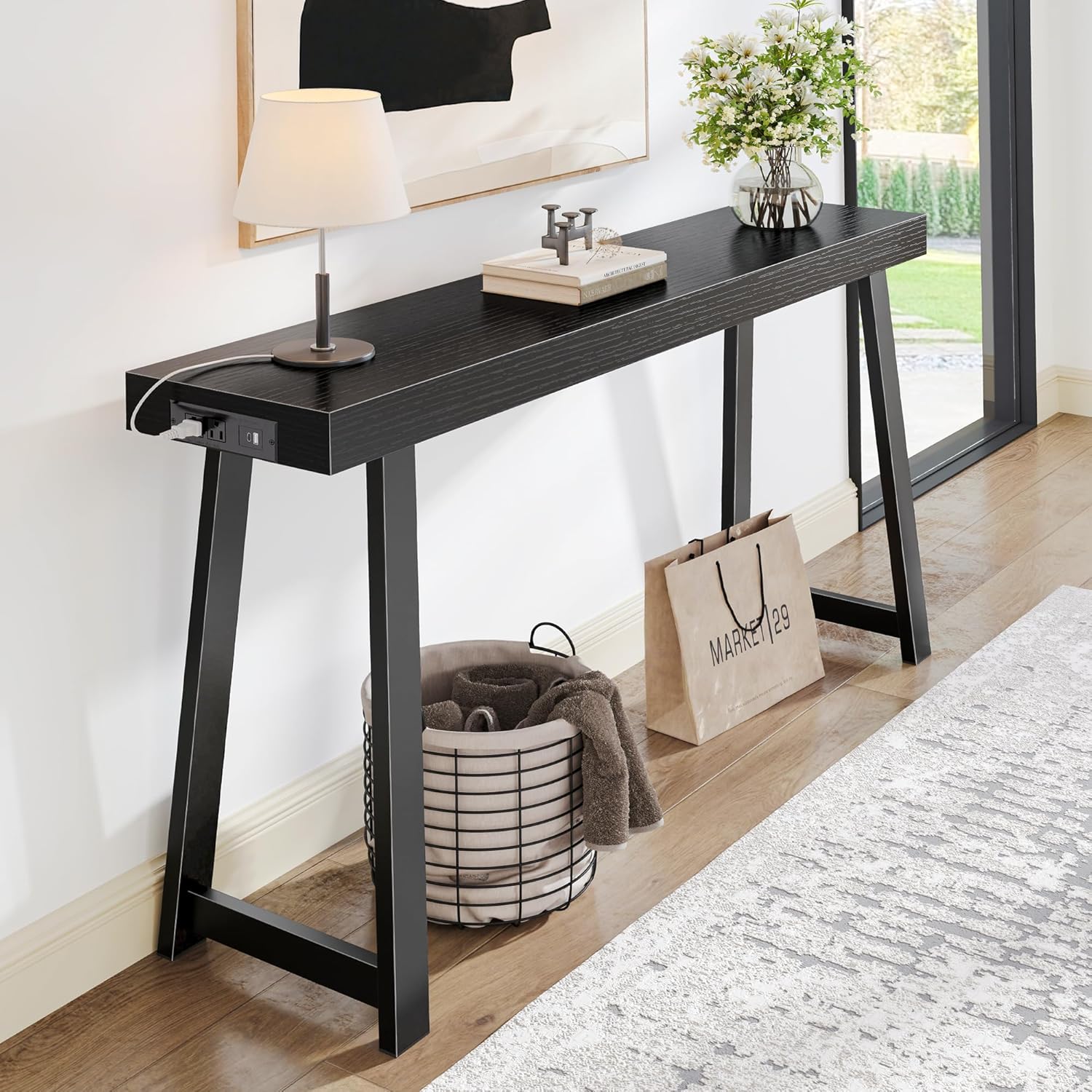 Huuger Entryway Console Table with Charging Station, USB-C Port, 53.9 Inch Sofa Table with Metal Legs, Entry Hallway Table with Deeper Desktop, Modern Behind Couch Table, Black
