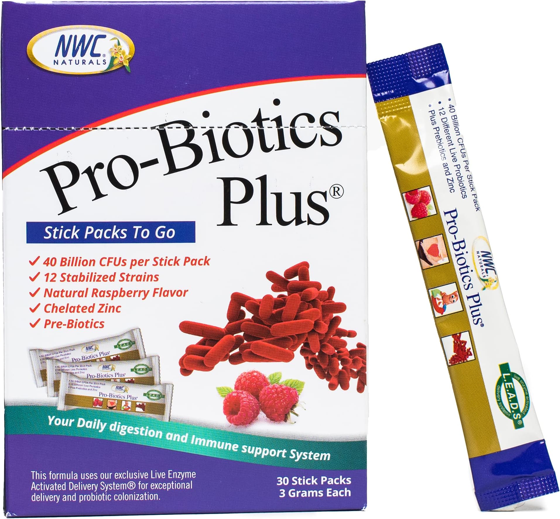 NWC Naturals Pro-Biotics Plus Stick Pack of 30, On the Go Pro-Biotic Powder Packets for Men, Women & Kids - Immune System Support, Natural Probiotic and Prebiotics Supplement
