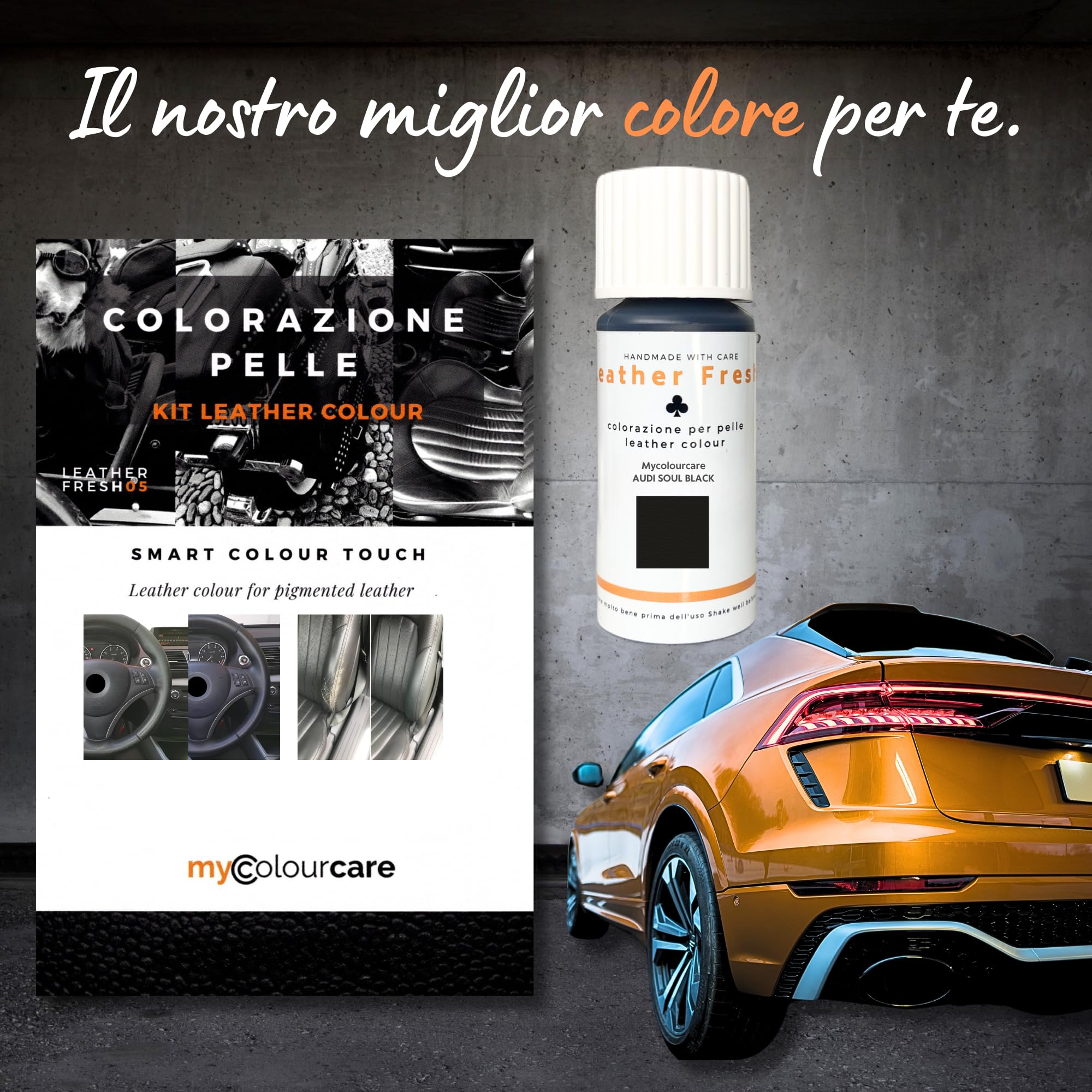Mycolourcare Kit Ritocco Volante Nero Chiaro Soul compatibile con Audi per Pelle Ecopelle Vegan Colore Semplice Applicazione Alternativa Coprivolante, vernice 3 in 1