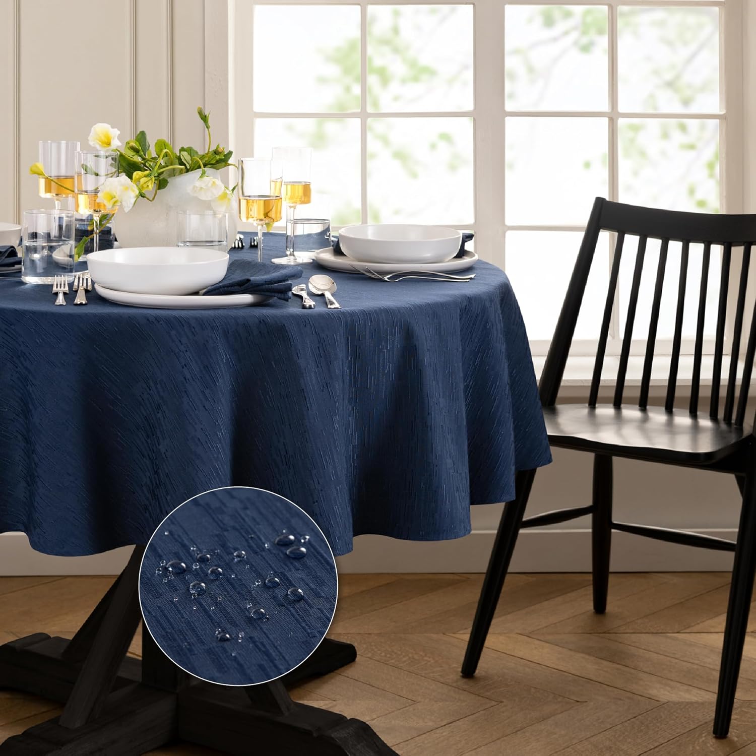 Elrene Home Fashions Continental Solid Texture Water, Stain & Wrinkle Resistant Tablecloth, 90" Round, Navy
