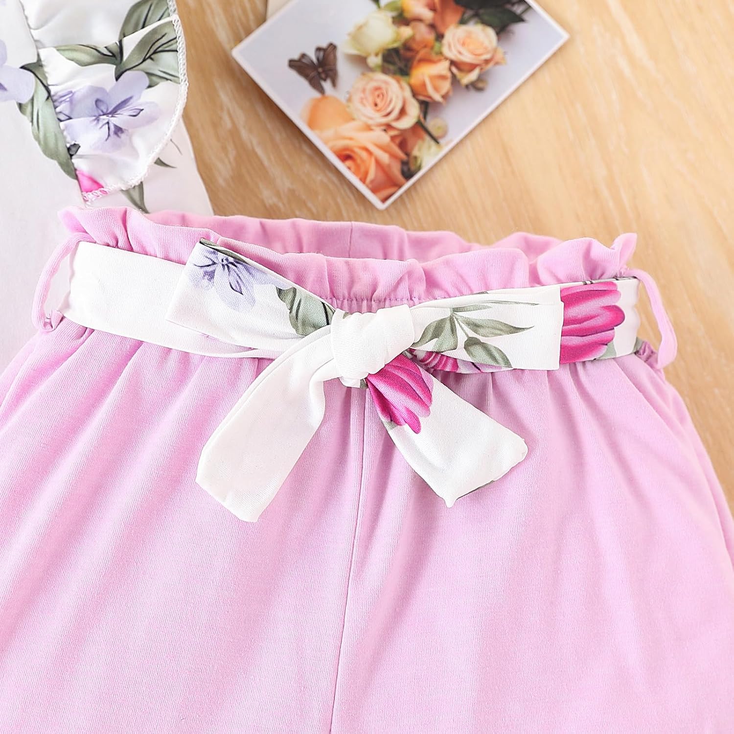 3-8T Toddler Kid Girl Outfits Clothes Ruffle Short Sleeve Floral T-Shirt Top Summer Shorts with Belt - Image 6