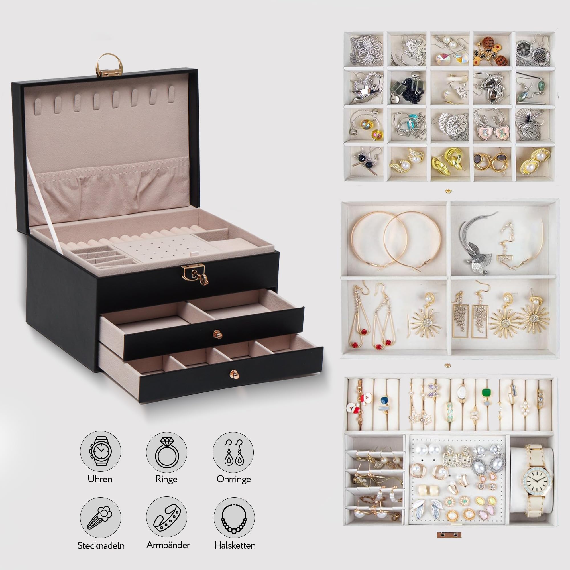 BS Schmuckkästchen für Damen und Mädchen | Personalisierte Schmuckschatulle mit Vornamen für Geschenk - Party | abschließbare Schmuckaufbewahrung mit Schlüssel, veganes Leder, Schmuckorganizer