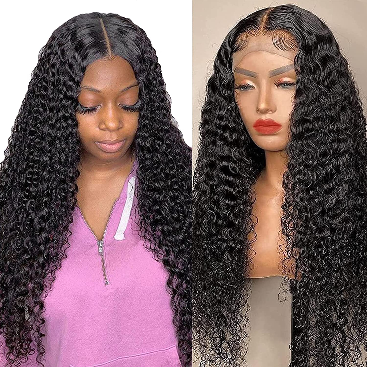 HD Transparent T Part Wig Human Hair Pre Plucked Natural Hairline Deep Curly Wigs Brazilian Virgin Human Hair Wigs 13x4x1 Lace Frontal Wigs for Black Women 180% Density Natural Color 22 Inch