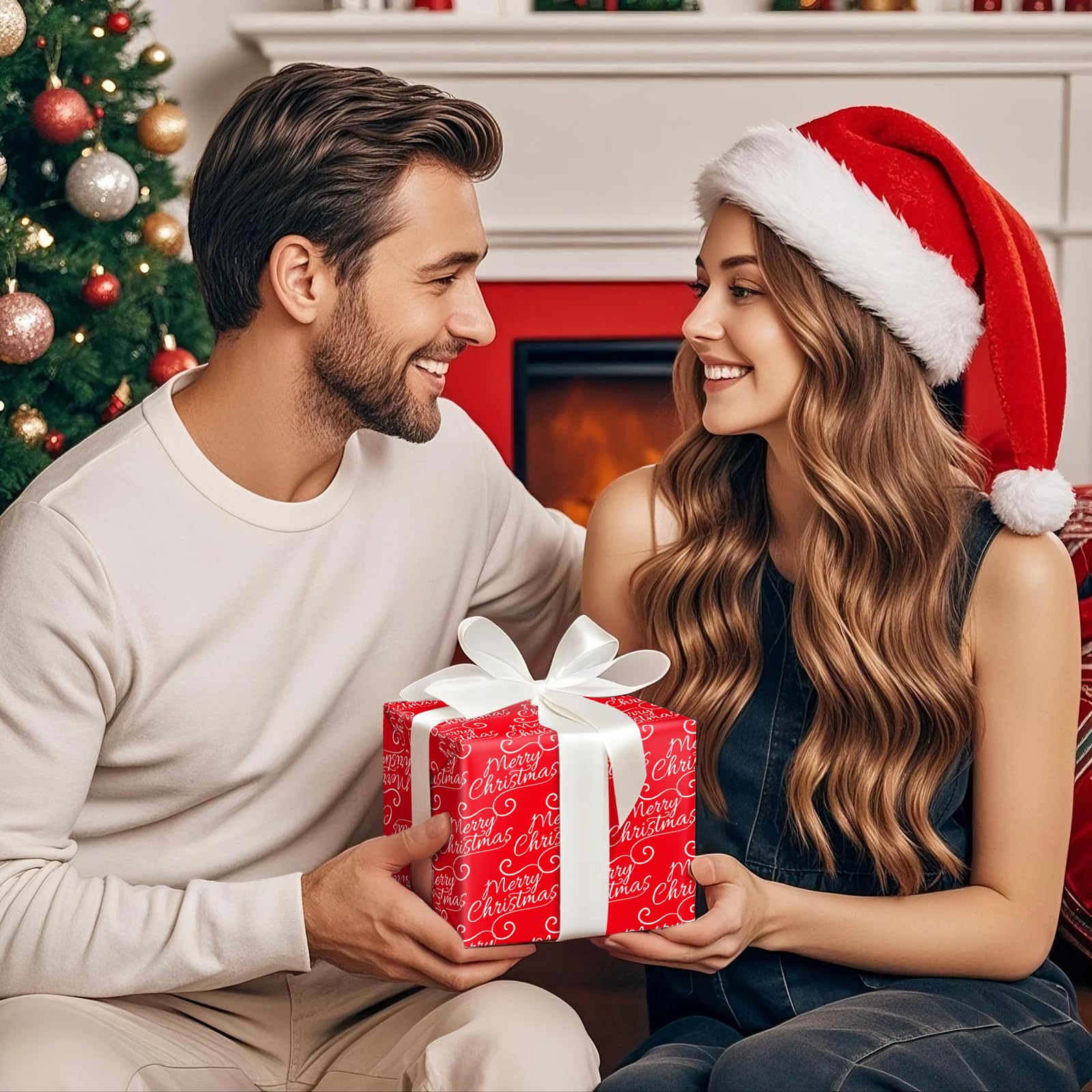 WRAPAHOLIC Wendbares Weihnachts-Geschenkpapier – 76,2 cm x 30 m Jumbo-Rolle Merry Christmas Schriftzug und solides rotes Design