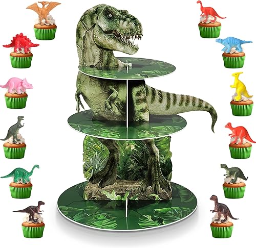 Miniatura 1 de Censen Soporte para cupcakes de dinosaurio de 3 niveles, decoración de fiesta, soporte para cupcakes de dinosaurio, 24 piezas, juguetes para