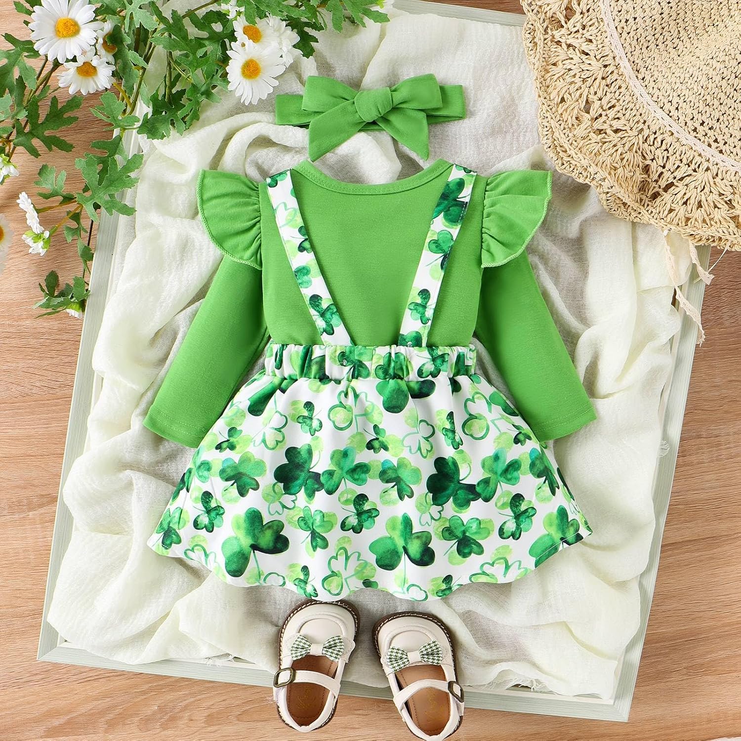 Bonangber Newborn St Patricks Day Baby Girl Outfit Long Sleeve Romper Clover Suspender Skirt Set Cute Coming Home Outfit