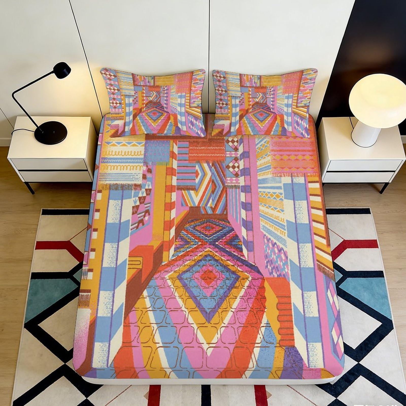Dhbaneiok Style-9 3D Printed Geometric Tribal Fitted Sheet Microfiber Colourful Abstract Bed Cover For Bedroom Dorm Mattress Decor 90X200x25cm