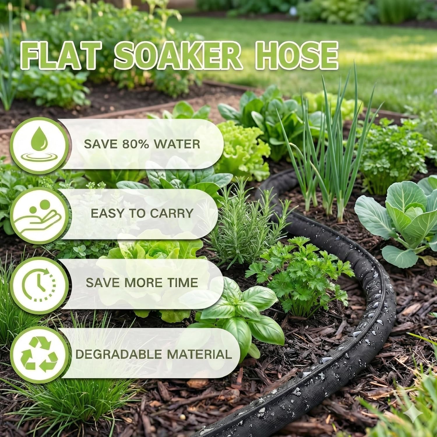 Flat Soaker Hose 75 FT, Drip Soaker Hose for Vegetable Gardening, Irrigation System Kit for Lawn Flowers Watering, Save 80% Water