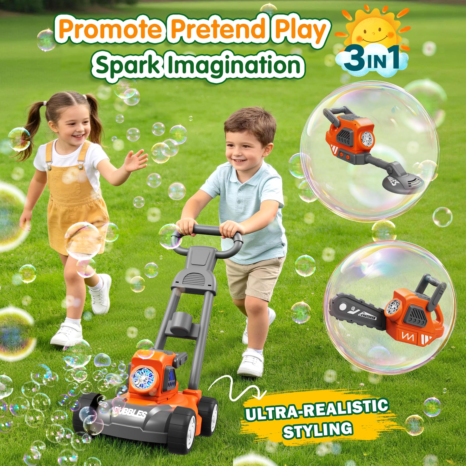 Bubble Lawn Mower for Kids, 3-in-1 Bubble Machine Blower with 10 Bubble Solution, Outdoor Push Toys for Toddlers Ages 3-8, Birthday Easter Summer Gift for Boys Girls 3 4 5 6 7 8 Year Old - 3