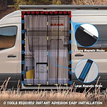 ZATOOTO Van Bug Screen Magnetic Sliding Door Van Screen Mesh Curtains Easy to Install and Remove, Universal Fly Screen for Mercedes Metris Ford Transit Connect and Campervans, 59(H) x 43(W)