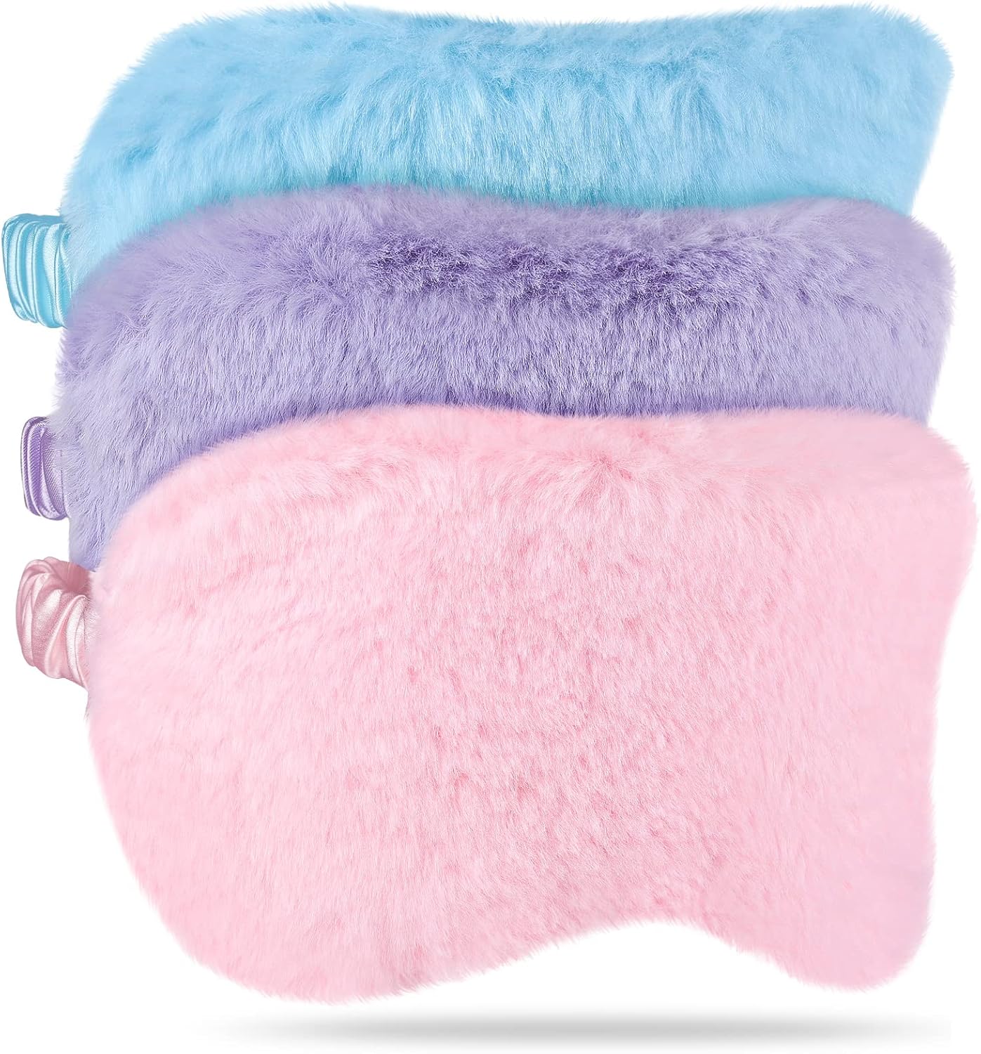 Plush Eye Mask 3 Pcs Sleeping Blindfold – Comfortable Soft Furry Eye Cover for Sleepover Gift Birthday Party Favors (Pink, Purple, Sky Blue)