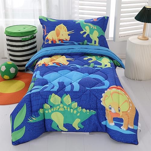 Wowelife Dinosaur Toddler Bedding Set for Boys, 4 Piece Toddler Bed Sets Blue Kids Toddler Comforter Set Breathable Soft with Comforter, Flat Sheet, Fitted Sheet and Pillowcase, Blue