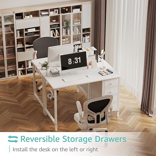 Miniatura 4 de Lufeiya Small White Desk with Drawers for Bedroom, 40 Inch Kids Girls Study Desks, Reversible Computer Writing Nail Table with Fabric Drawer for