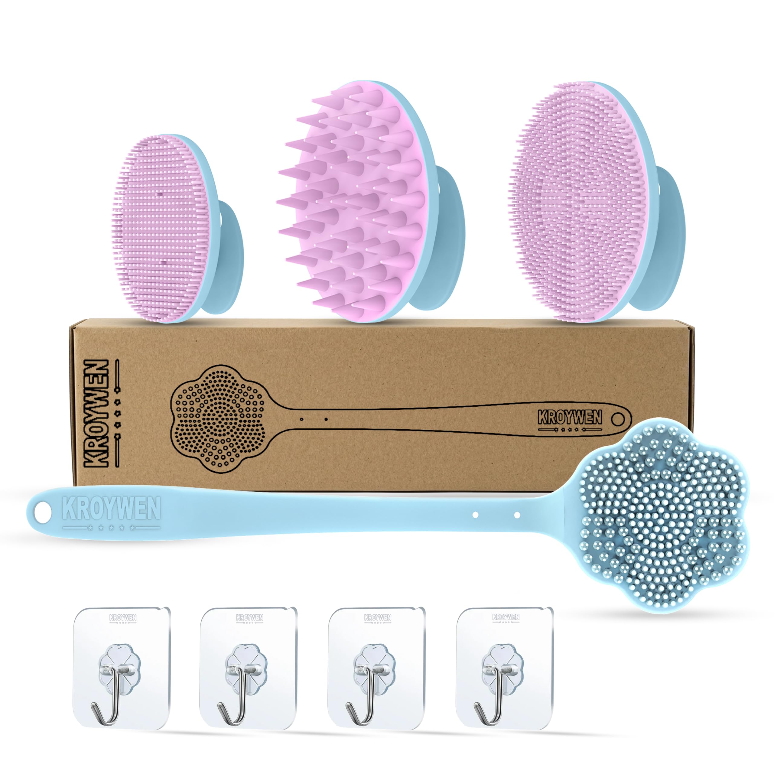 KROYWEN Silicone Ultra Soft Primum Long Handle Back Brush, Face Scrubber Brush, Body Scrubber, Scalp Massager for Hair, Strong Adhesive Hook-4pic, Body & Back Exfoliation Combo Kit |BPA-Free| for Men and Women.-image-17