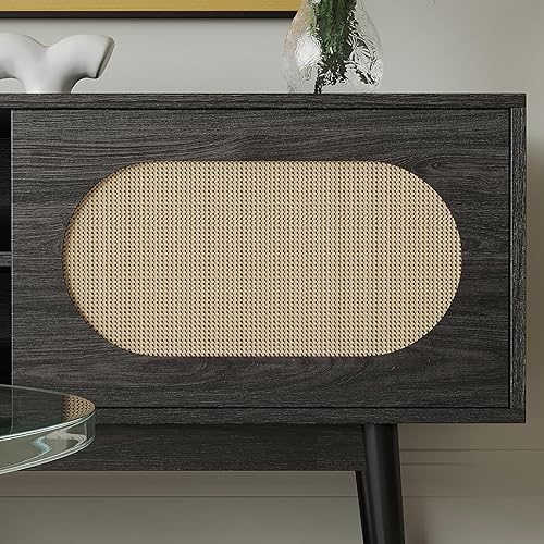 Miniatura 8 de VOWNER Soporte de TV de ratán rústico para TV de 556065 pulgadas, moderno centro de entretenimiento con puerta de ratán natural y 2 estantes