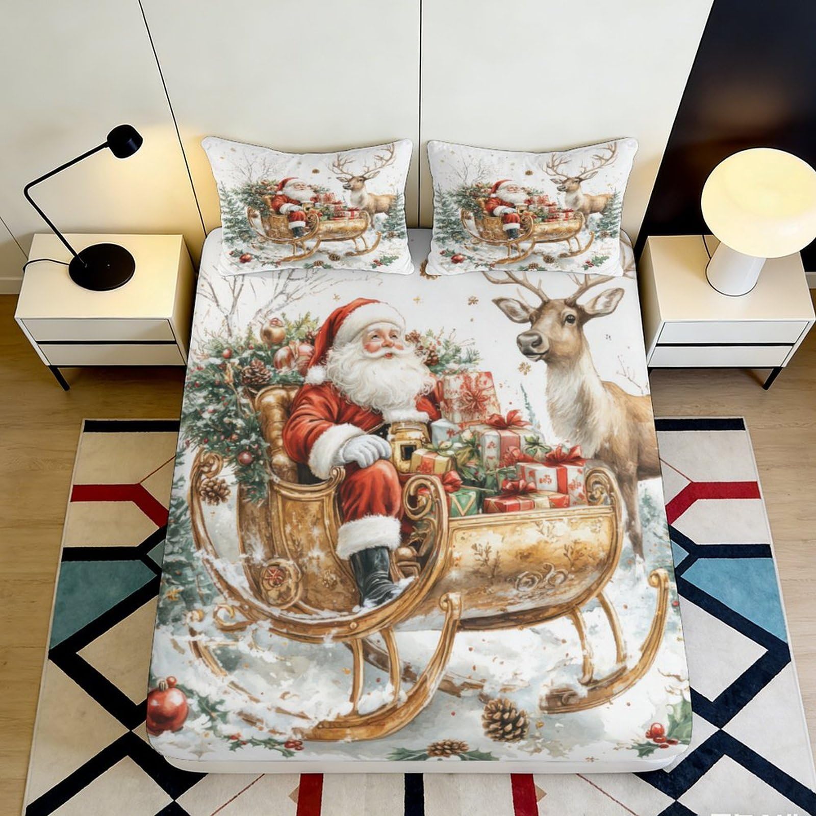 3D Printed Christmas Santa Sleigh Fitted Sheet Microfiber Soft Festive Reindeer Bed Cover for Bedroom Guest Room Decor 90x200x25cm