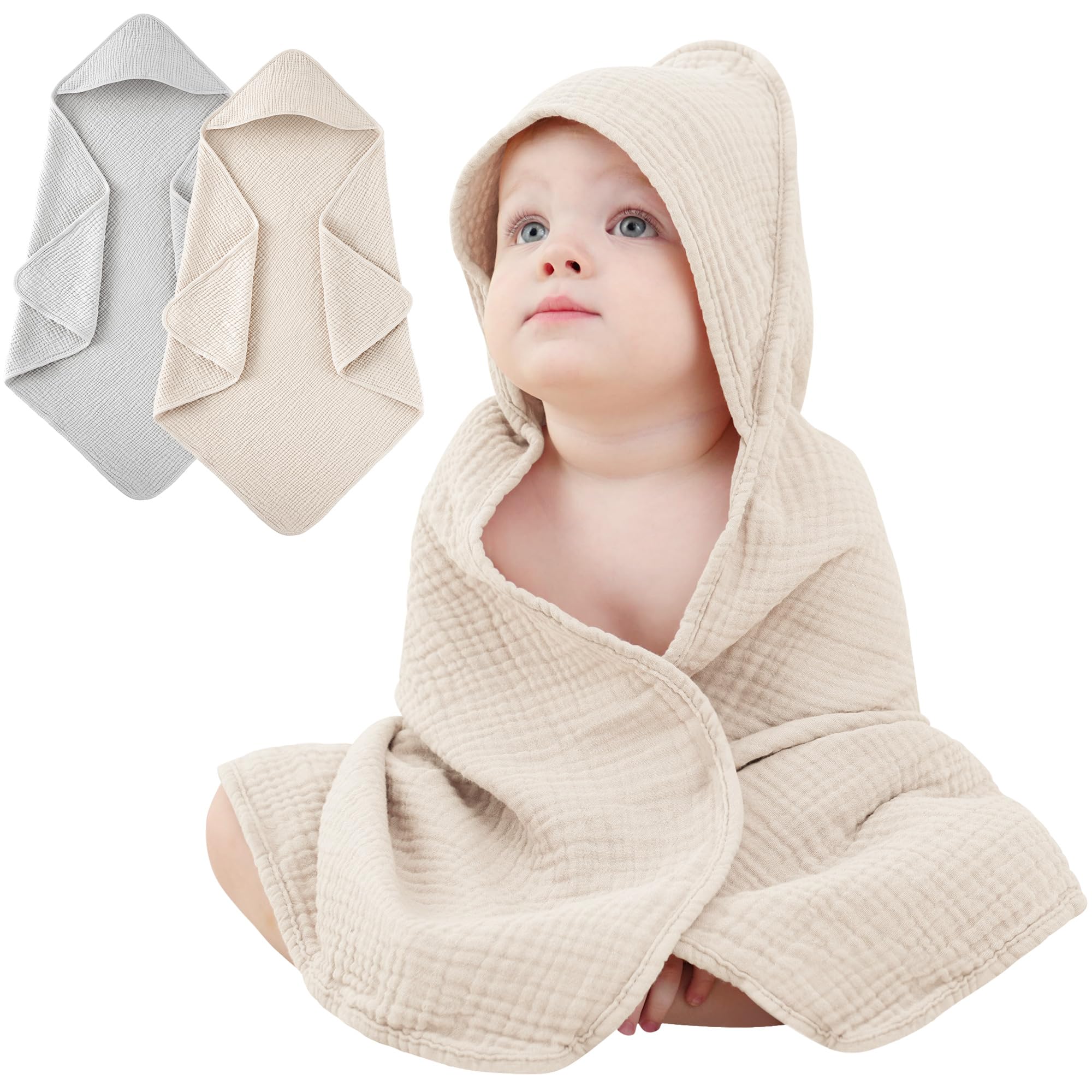 Susurration Baby Handtuch Kapuze für Badezimmer,4-Lagiges Kapuzenhandtuch Baby 2er-Pack, Musselin Baumwolle Baby Handtuch Kapuze, Weiche und Saugfähige Babyhandtuch mit Kapuze