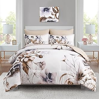 Luxudecor Floral Comforter Set Queen Size 7 Piece, Beige Flower Bed in a Bag, Elegant Floral Comforter with Sheet Set, Soft Microfiber Bedding Set for All Season (Beige, 90"x90")OEKO-TEX STANDARD 100