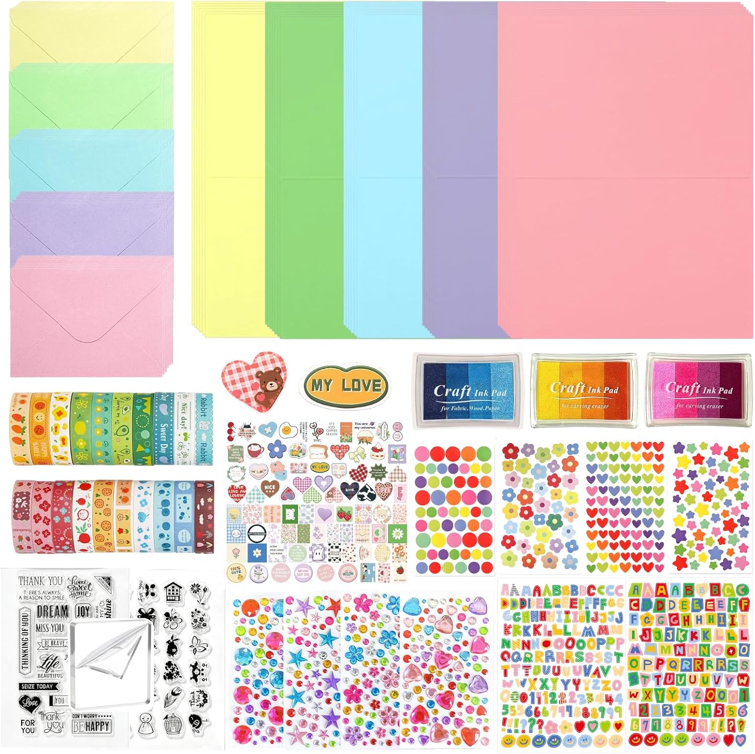 Comealltime Card Making Supplies, Card Making Kit with 30 Greeting Cards and Envelopes Set, Gem Stickers, Washi Tape, Rubber Stamps, Cute Stickers for Birthday Wedding Christmas Greeting Card DIY
