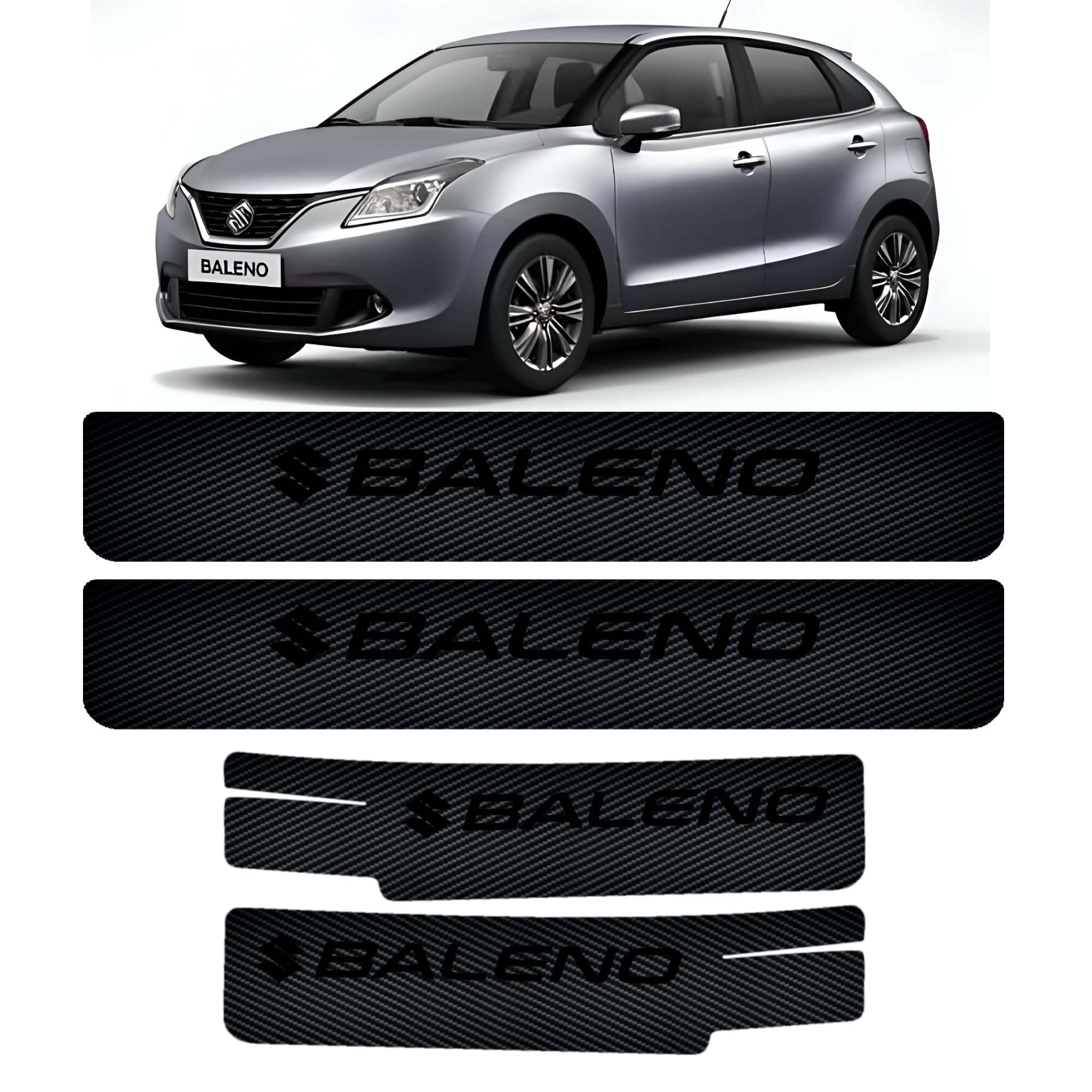 Maruti Suzuki Baleno Carbon Fiber Door Sill Guard | 4pcs Matte Black Carbon Texture with Glossy Baleno Badging | Anti-Scratch Door Step Paint Protection Sticker-image-48