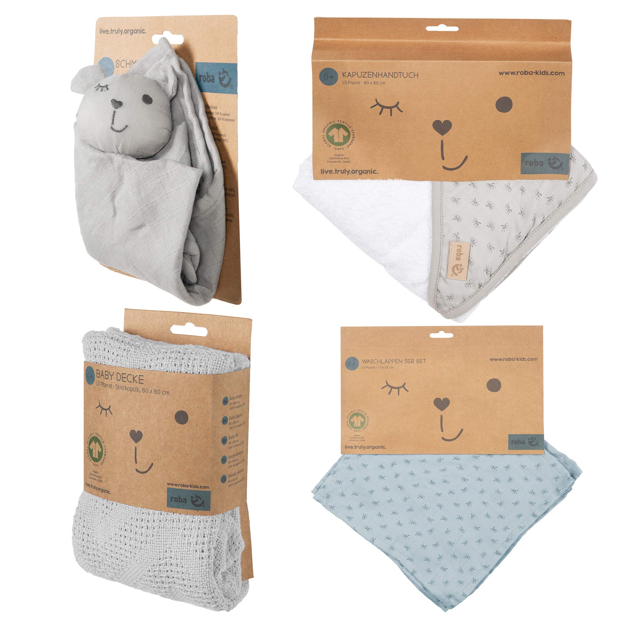 roba Coffret Sortie de Bain Bébé Lil Planet - 1 Cape de Bain + 5 Gants de Toilette + 1 Serviette Doudou + 1 Couverture - Certifié GOTS et OEKO-TEX - Gris Argenté