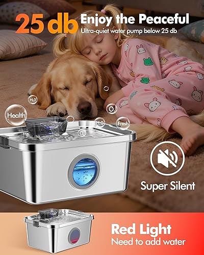 Miniatura 6 de Fuente de agua automática de acero inoxidable de 12 litros para perros grandes, fuente de agua silenciosa para mascotas y dispensador de agua con