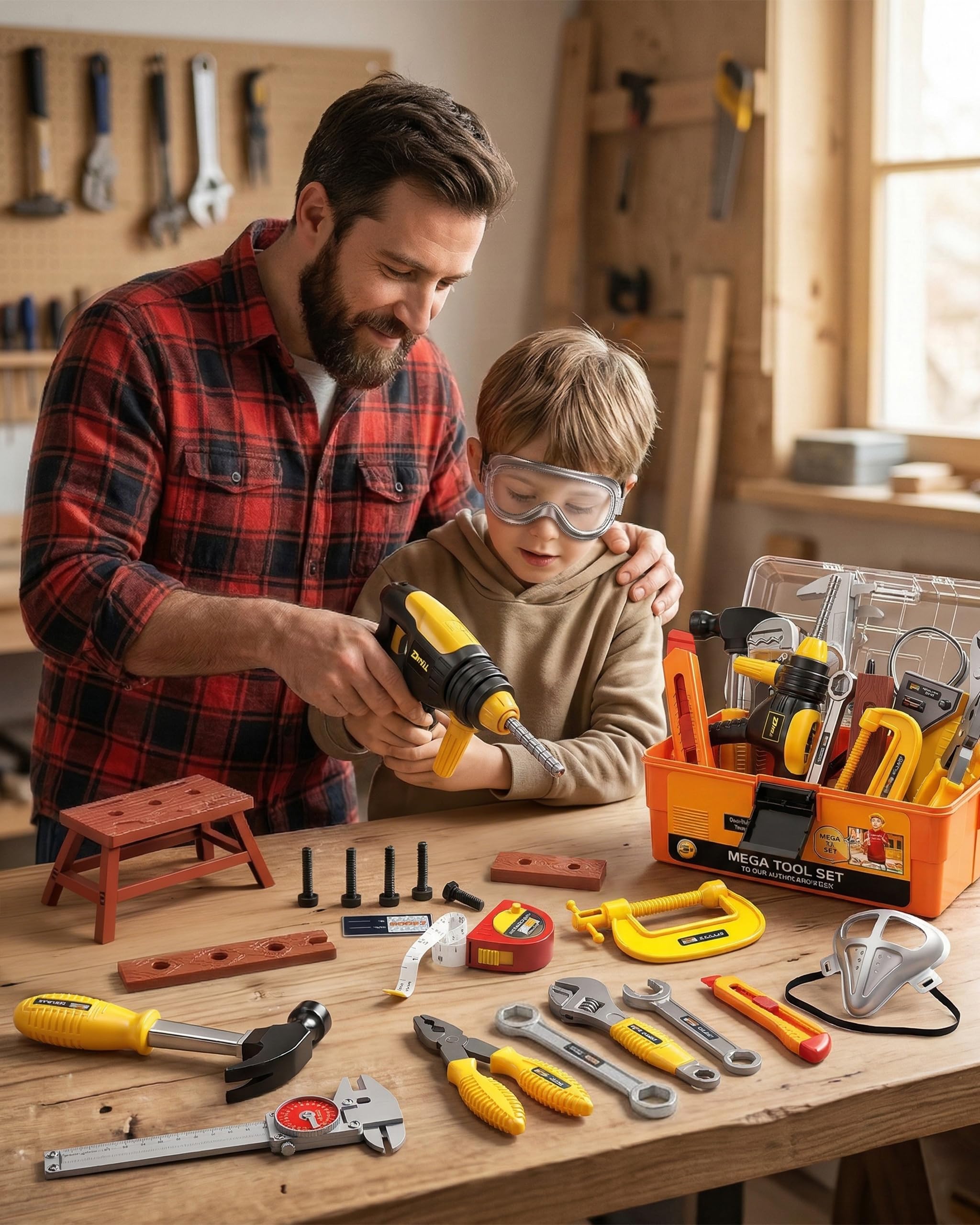 Kinder-Werkzeug-Set mit elektronischem Spielzeugbohrer und Konstruktionsweste – 48-teiliges Spielzeug für 3 4 5 6 Jahre alte Jungen, ABS-Kunststoff-Reparatur-Werkzeugset mit großer
