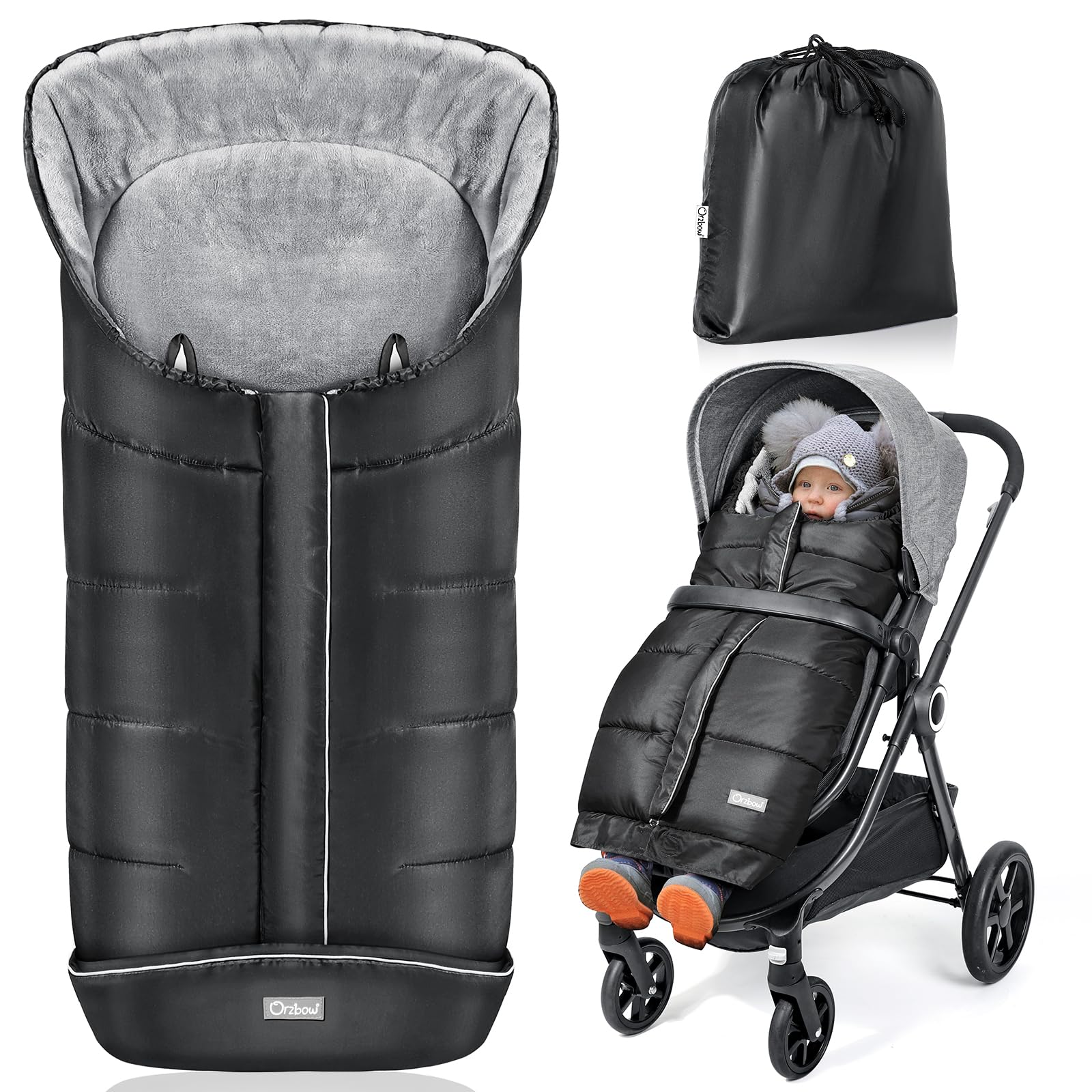 Orzbow Sacco Termico Passeggino Universale Invernale, Coprigambe Passeggino Universale, Caldo Pile, Particelle Antiscivolo, Striscia Riflettente, Impermeabile e Lavabile in Lavatrice, Nero