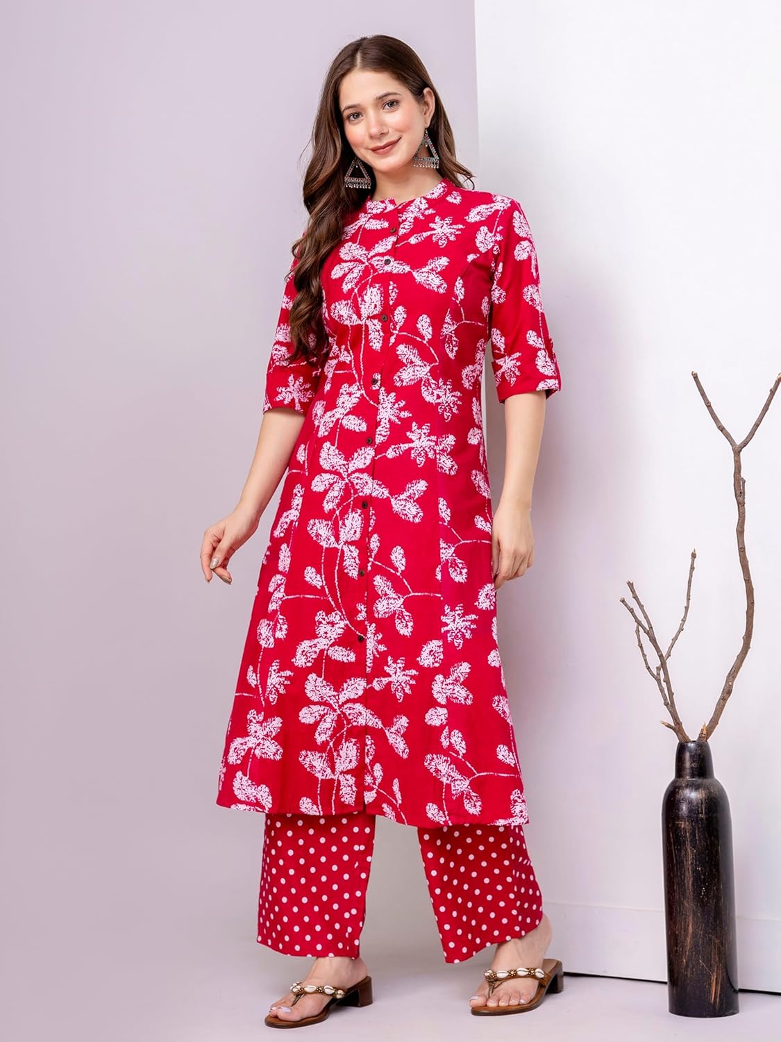 Compatible With rytras Women's Pure Cotton Printed Ethnic Wear A-Line Kurta Set with Palazzo Pants(RYT668,Pink,S)
