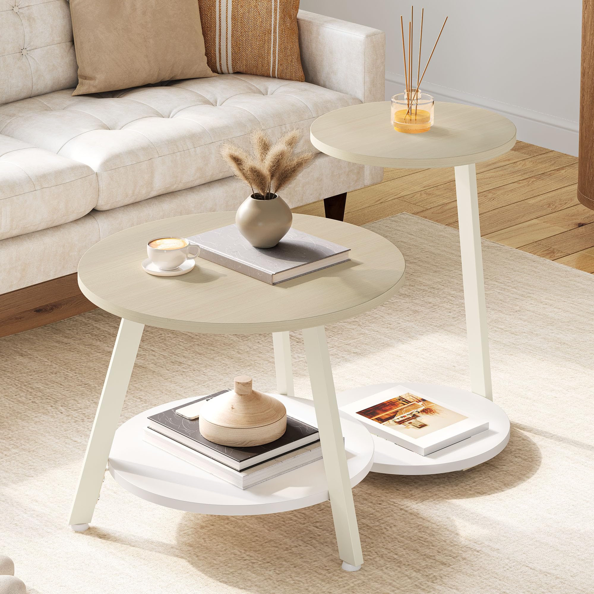 YITAHOME Set di 2 Tavolini da Salotto, Tavolini Gigognes con Tavolino Ausiliario a Forma di C, Tavolino da Divano con Spazio Contenitore per Soggiorno, Camera da Letto, Quercia Bianca