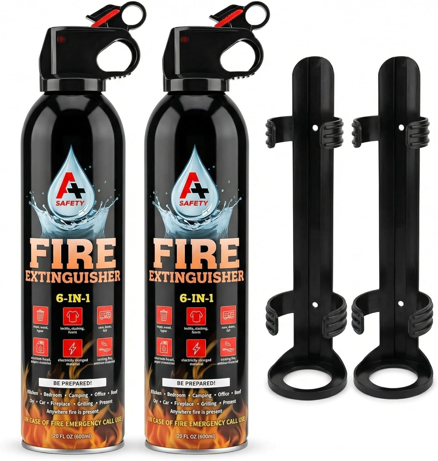 A+ Safety Portable Fire Extinguisher | 6-in-1 Small Fire Extinguisher for Home, Garage, Kitchen, Car | For Electric, Textile and Grease Fires | Non-Toxic, Easy Clean | Wall Mount Incl (4PK)