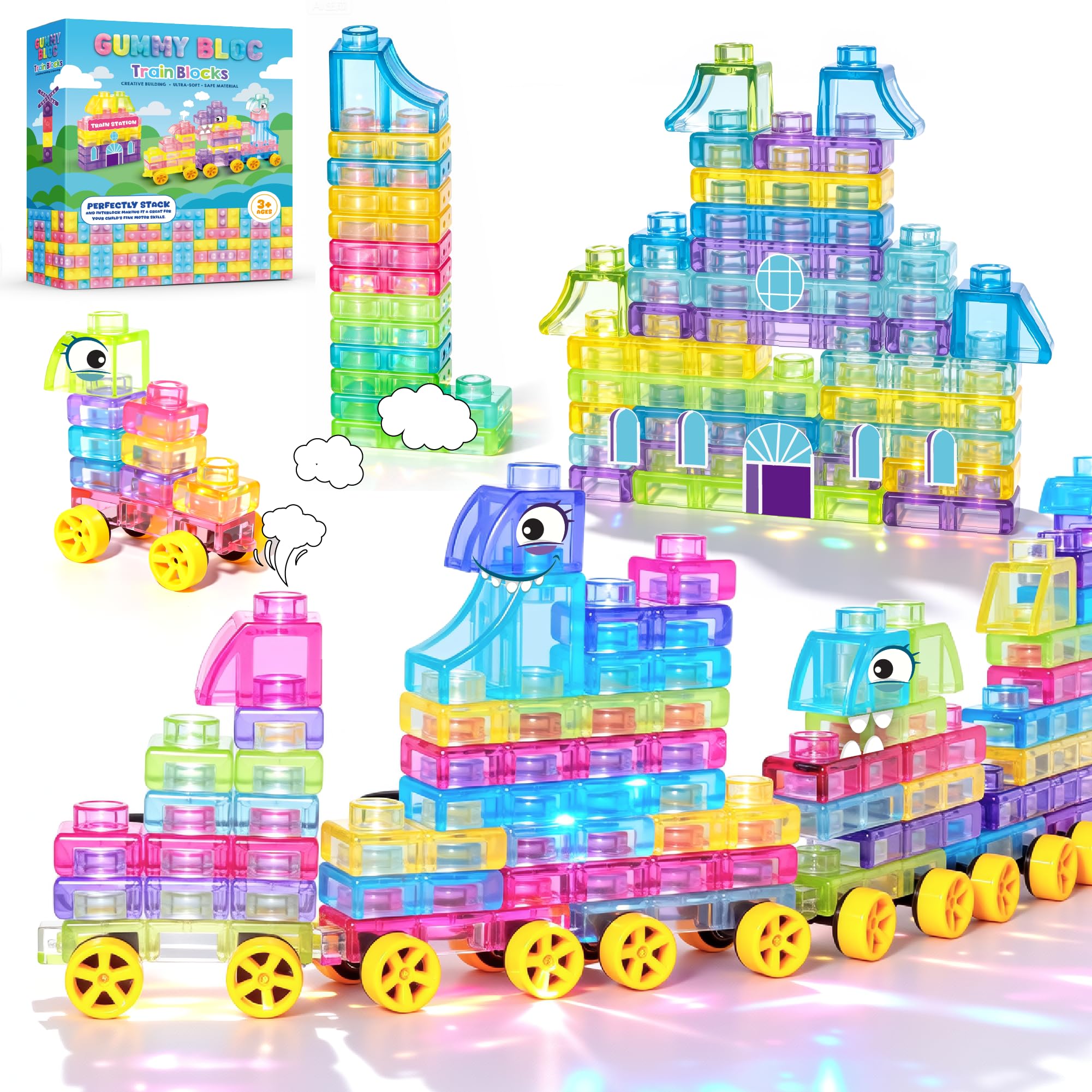 Soft Train Building Blocks with Wheels, 42 PCS Montessori Sensory Stacking Blocks, Toddler Learning Toy with Station