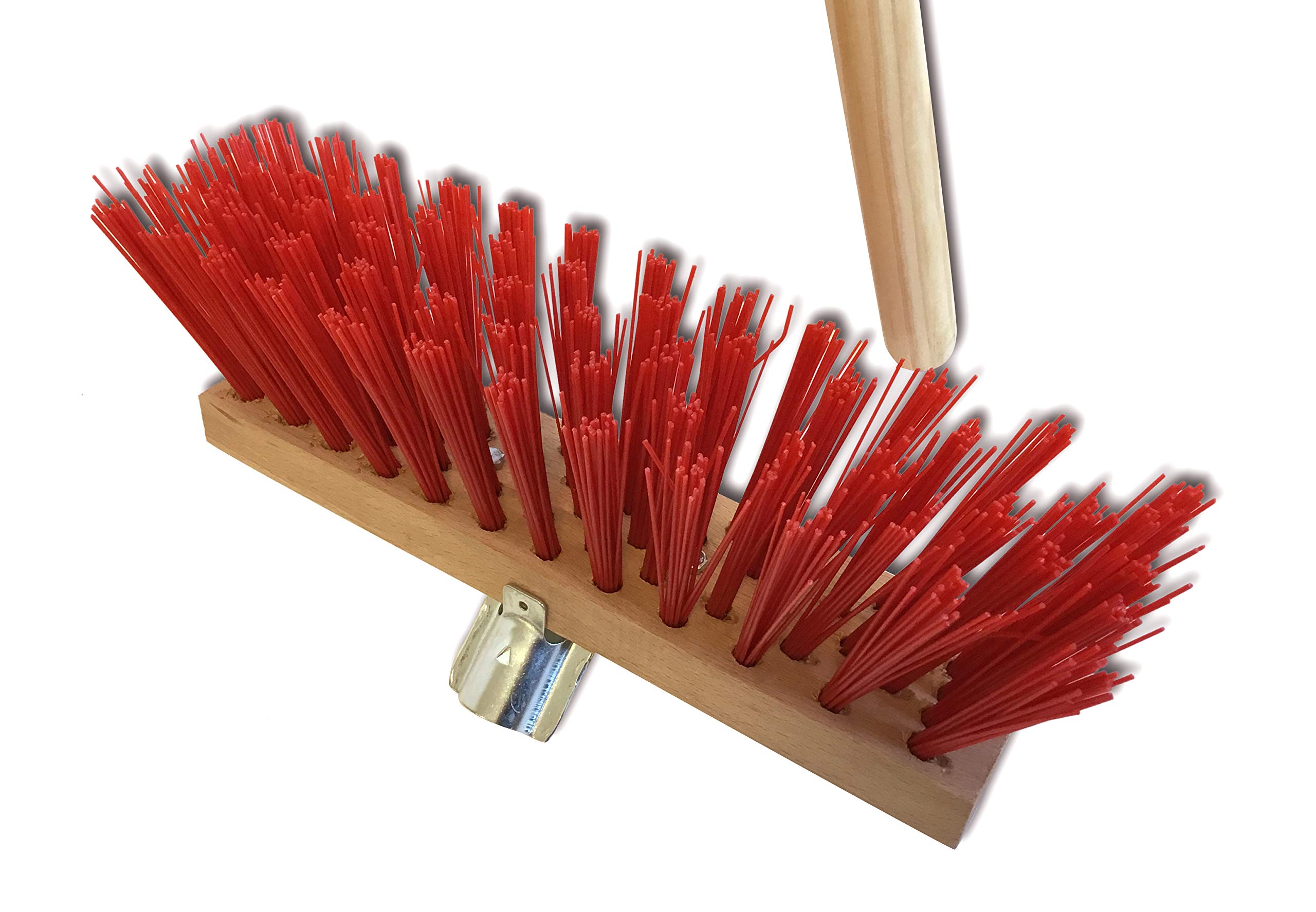 Balai de cantonnier manché | Longueur 32 cm | Piste Extérieur | Garnissage Brosse PVC Rouge | Douille métal boulonnée Ø 28 mm | Manche Bois 1,40 mètre | Kibros 2630BM