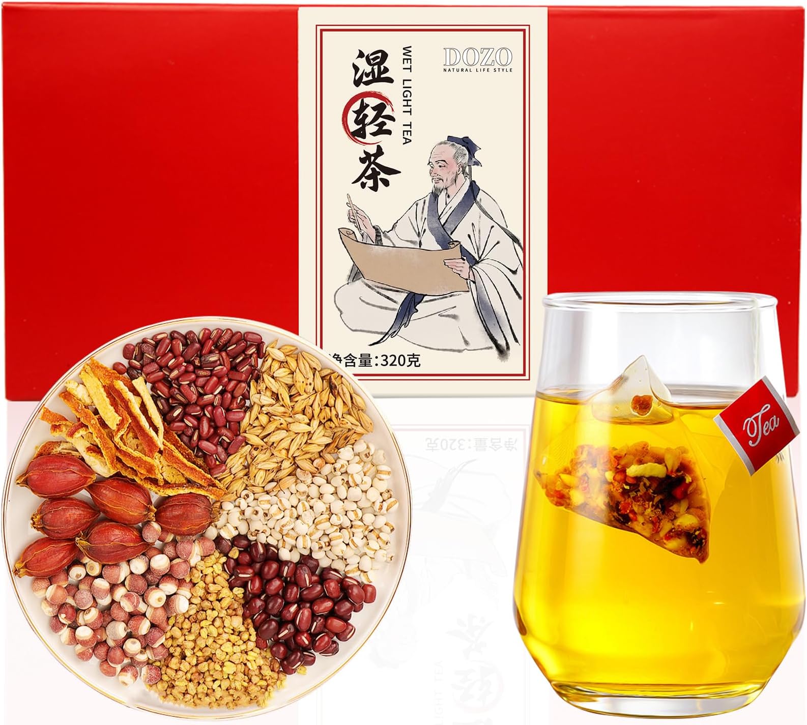 DOZO Shiqing Tea Dampness Clearing Herbal Tea Red Bean Coix Seed Tea Bags 11.25oz/320g(30pack) Dispelling Dampness Tea 红豆薏米茶 祛湿茶 去湿茶 湿清茶