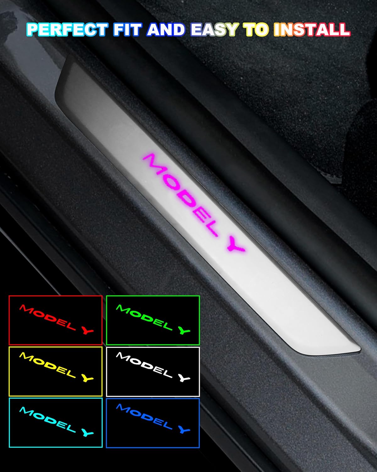 LED Door Sill Lights for Tesla Model Y 2020-2025 Accessories, ABS Scratch-Resistant Sill Protector with 7-Color RGB Lighting, Battery Powered Model Y Pedal Mood Lamp, Silvery, 4PCS
