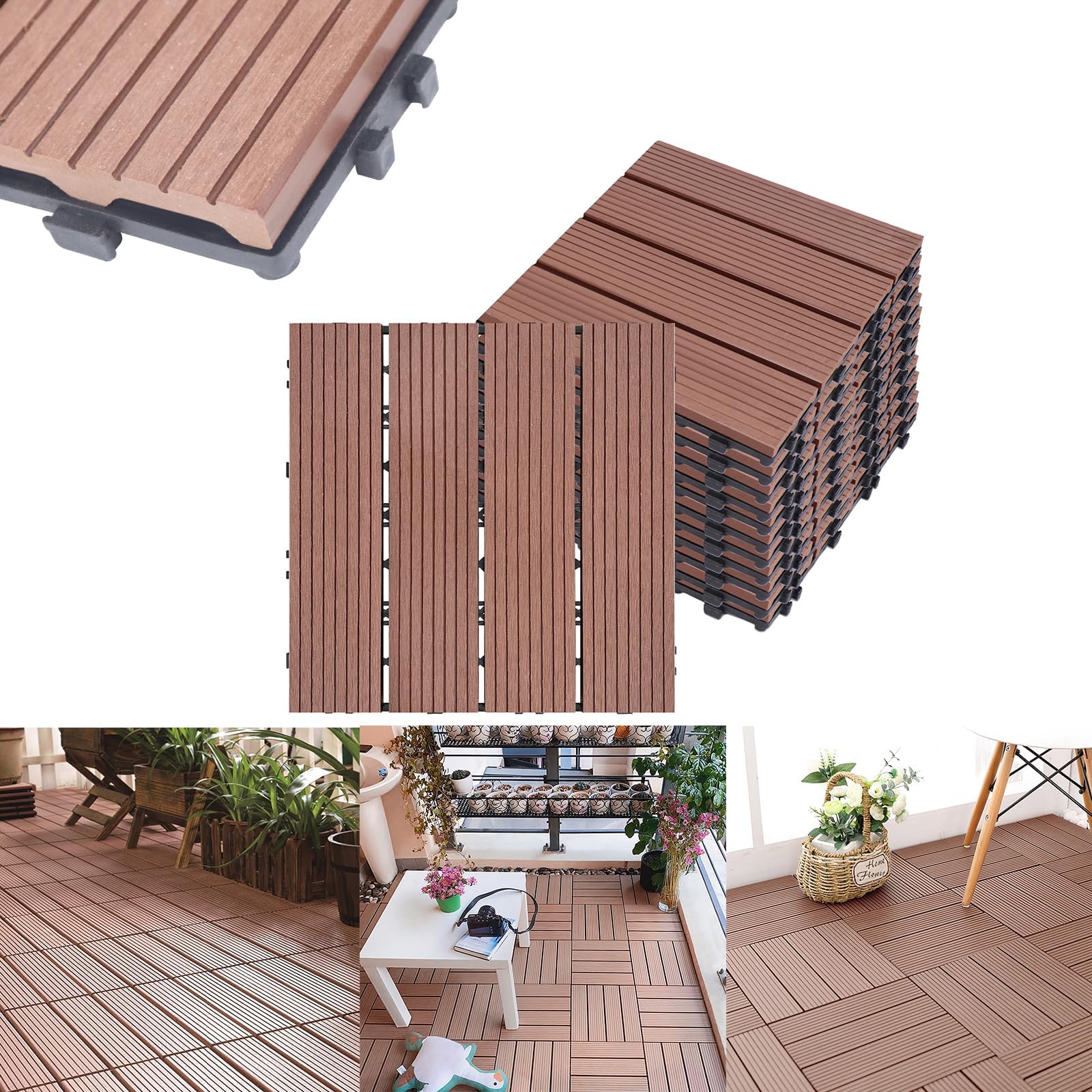 ACXIN WPC Baldosas de terraza, baldosas de plástico con aspecto de madera, azulejos de terraza, azulejos de balcón, se pueden cortar, para jardín/balcón/terraza (33, marrón rojo, 30 x 30)