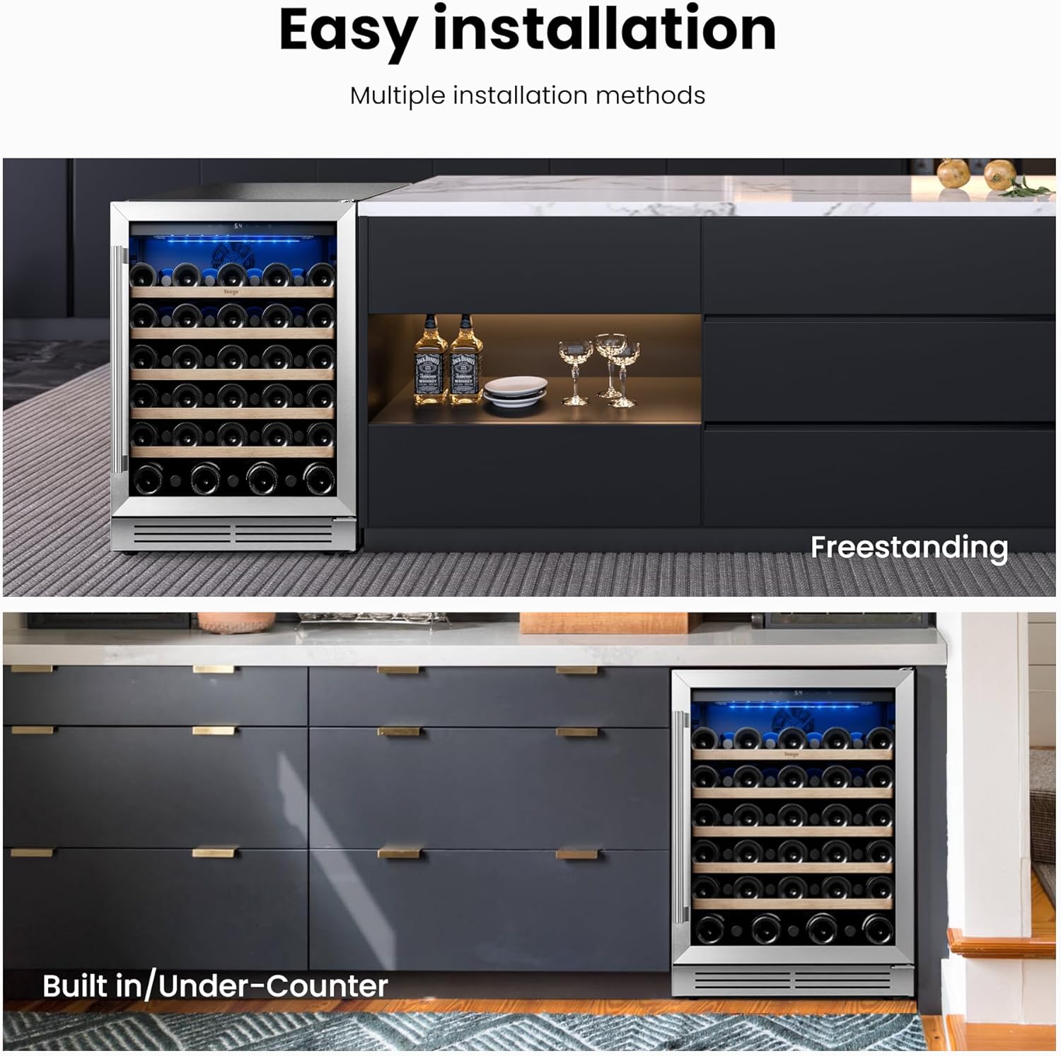 Yeego Wine Fridge Cooler - 24 Inch Wine Fridge Hold 52 Bottles, 40-65°F Wine Refrigerator Glass Door, Built in Fridge, Freestanding Adjustable Shelves Fridge for Beer Soda Drink Home Bar Office