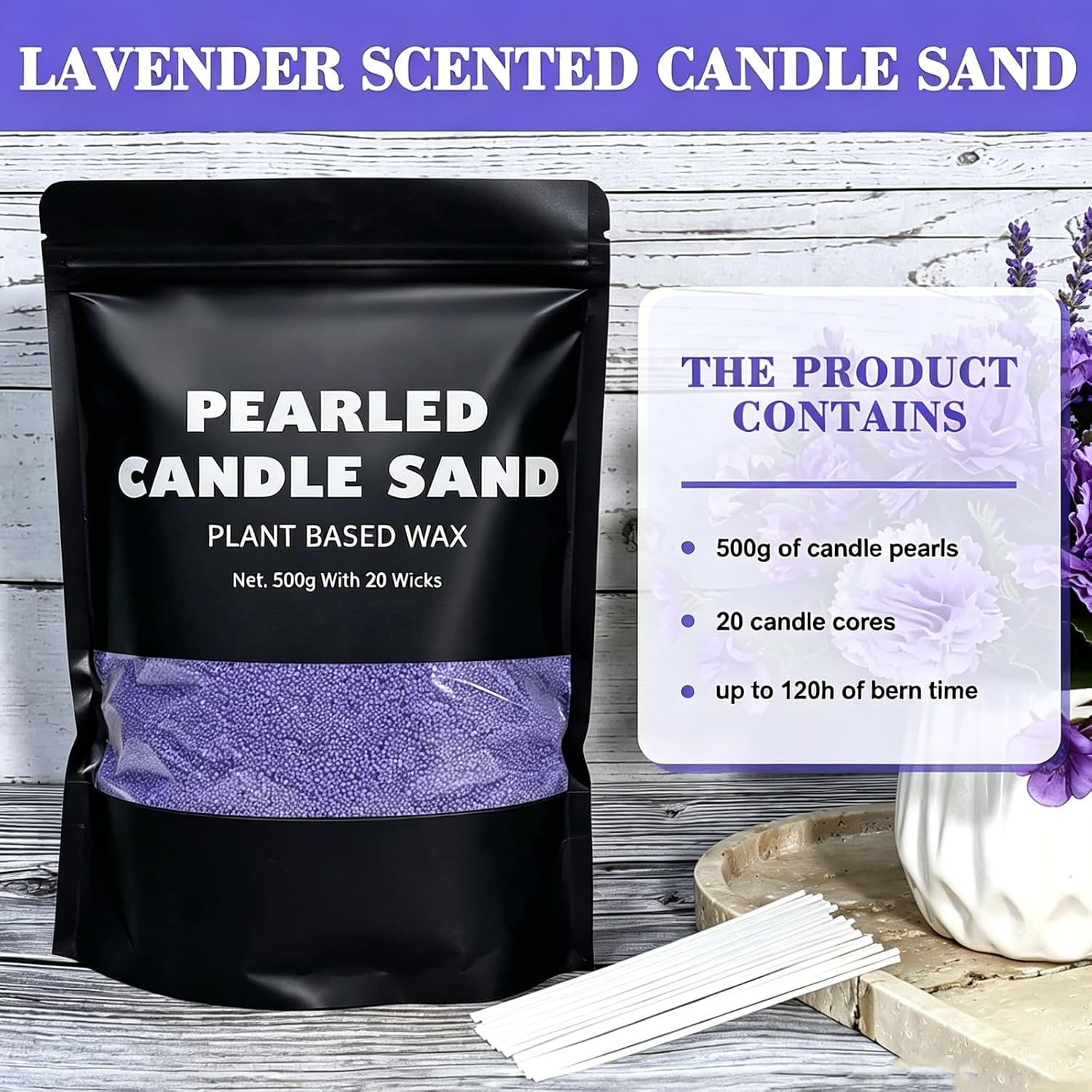 1.1LB Lavender Scented Candle Sand with Wicks, Candle Wax, Purple Color for DIY Making Refillable, Long Lasting Pearl Powder Wax for DIY Birthday Weddings,Partie