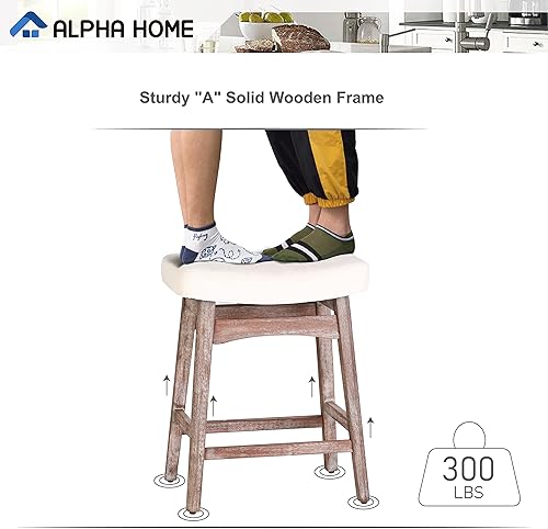 Miniatura 6 de ALPHA HOME Juego de 4 taburetes de bar, taburetes de cocina de madera maciza con cojín de piel sintética beige, taburetes de bar con base de madera